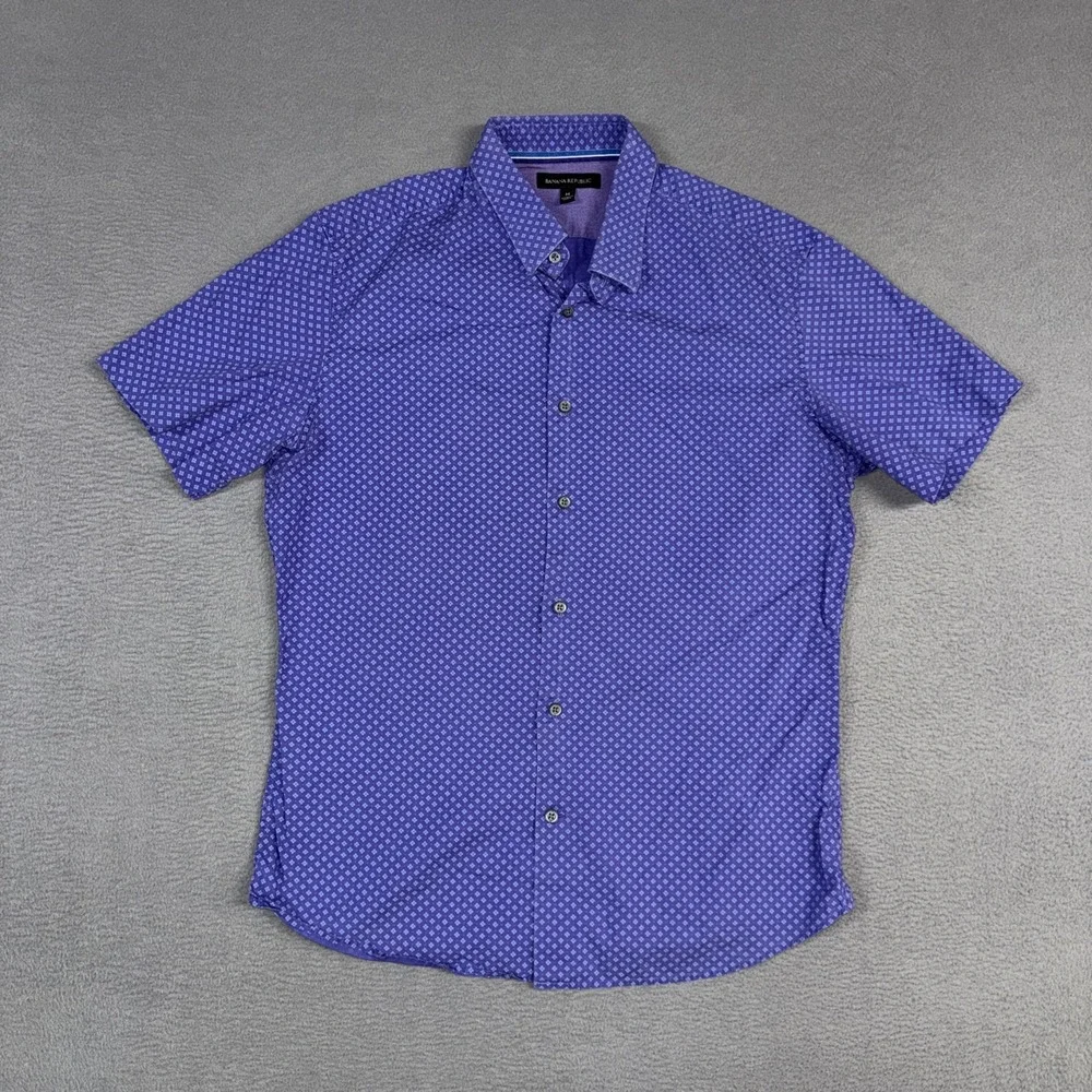 Banana Republic Shirt Mens Medium Purple Stretch Geometric Short Sleeve Button
